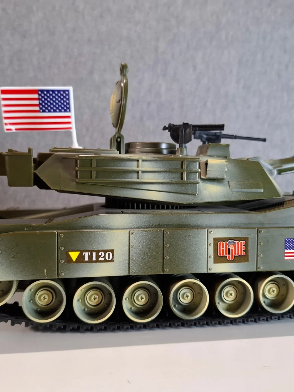 GI JOE 90's Army Green Remote Control Toy Tank with American Flag Decals